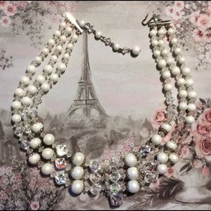 Vintage Triple STRAND Bead NECKLACE White And Clear Beads